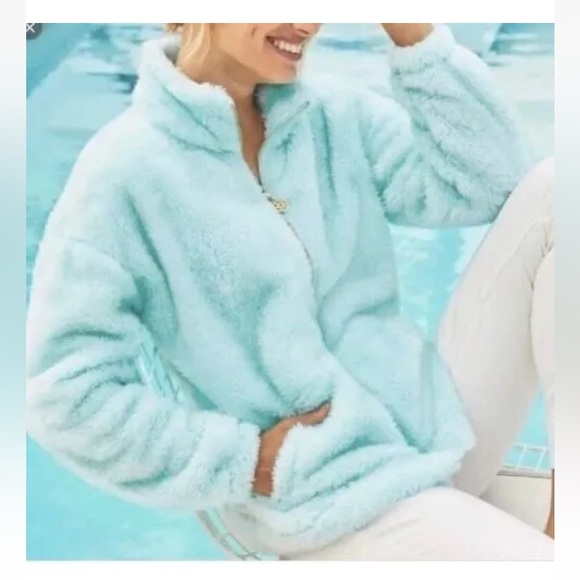 🌟SOLD🌟NEW! LILLY PULITZER Barkley Sherpa Zip-Up Jacket Seasalt Blue Size XL - Picture 2 of 5